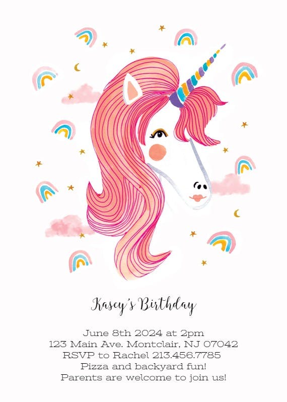 Unicorn & rainbows - birthday invitation