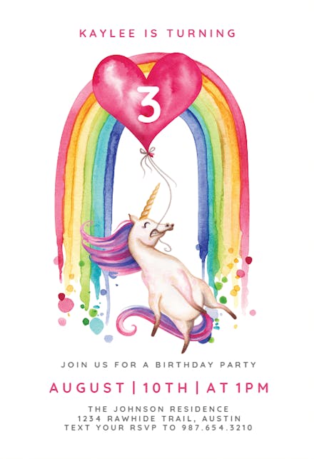 Unicorn Balloon - Birthday Invitation