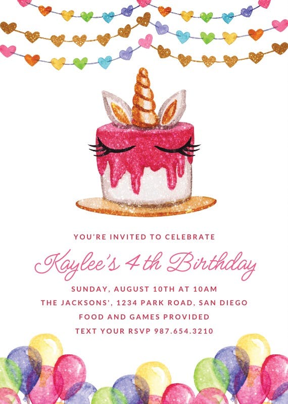 Unicorn cake - printable party invitation