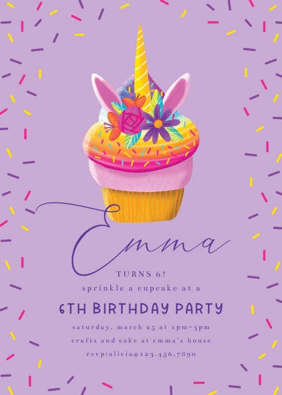 Unicorn cupcake -  invitación de cumpleaños