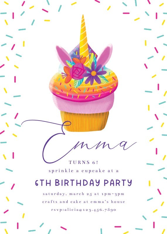 Unicorn cupcake -  invitación de cumpleaños