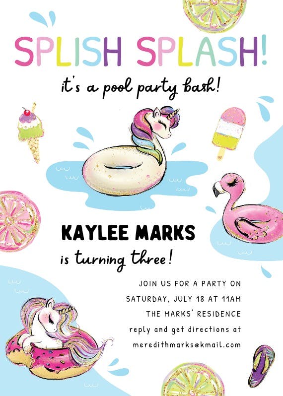 Unicorn pool party -  invitación para pool party