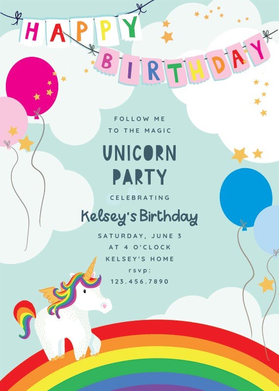 Unicorns & rainbows - birthday invitation