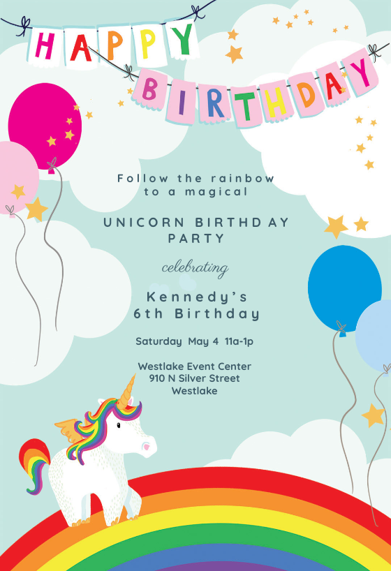 Unicorns & Rainbows - Birthday Invitation Template (free 