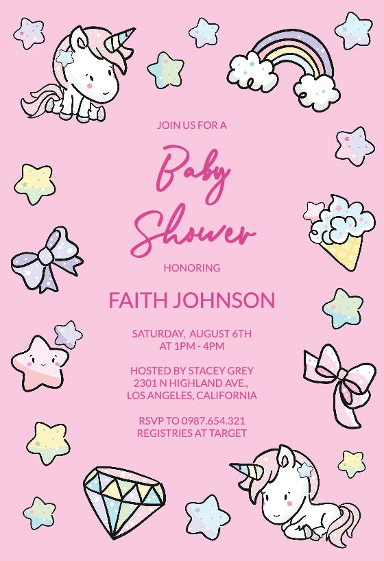 Unicorns and stars - baby shower invitation