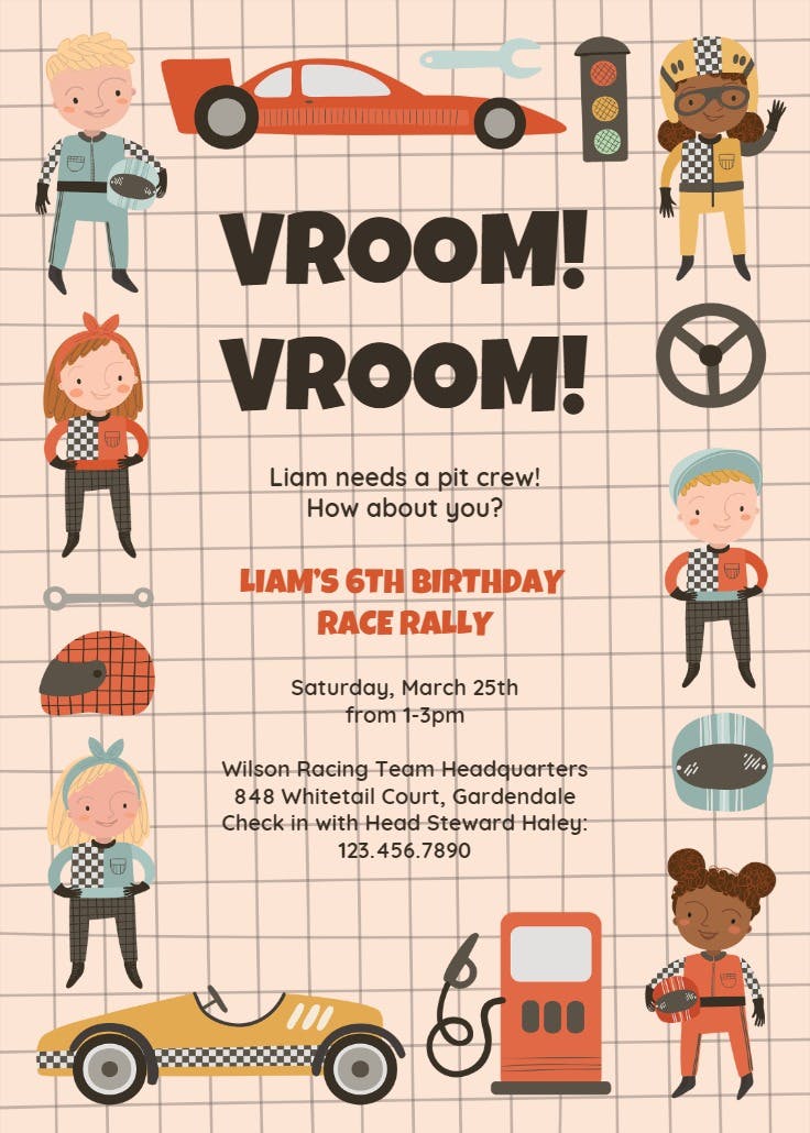 Vroom cars -  invitación de cumpleaños