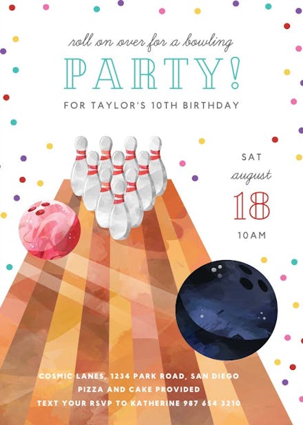 Watercolor Bowling Birthday Invitation 