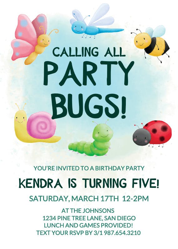Watercolor bugs - birthday invitation