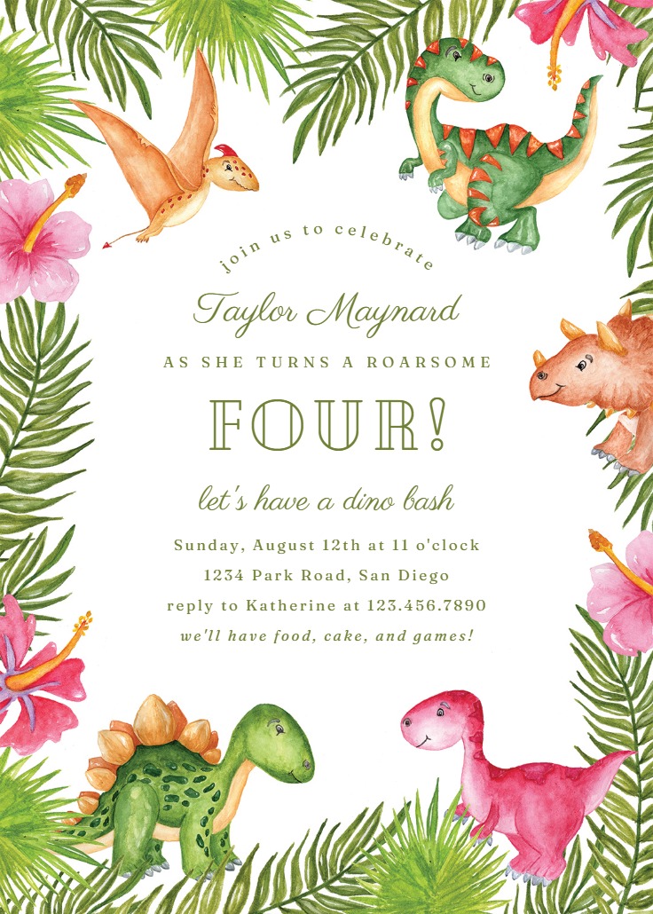 Dinosaur Flowers - Birthday Invitation Template (Free) | Greetings Island