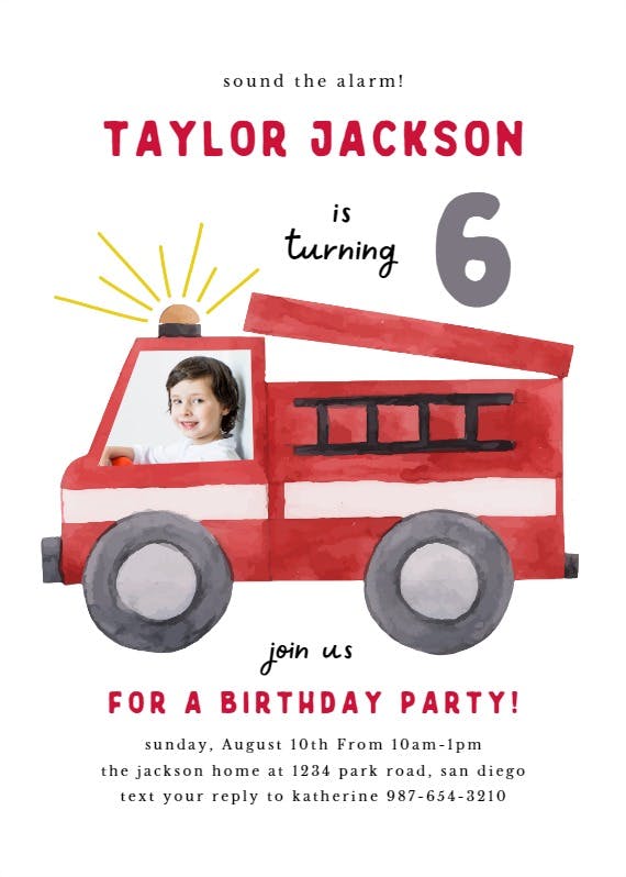 Watercolor firetruck verticle -  invitación de fiesta de cumpleaños con foto