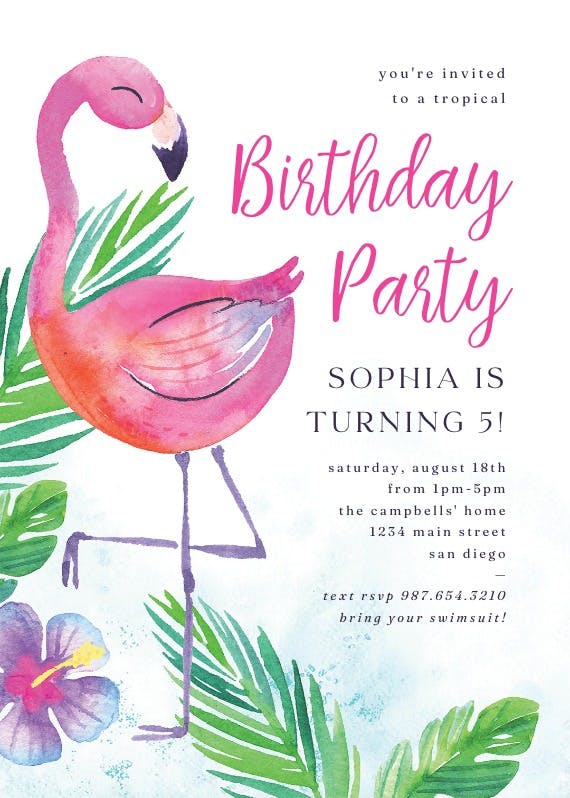 Watercolor flamingo -  invitación de cumpleaños