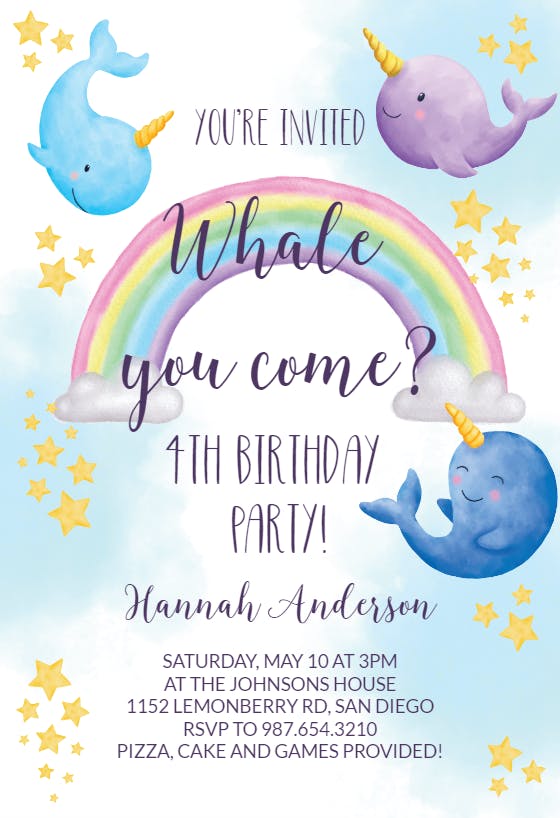 Watercolor narwhal - birthday invitation