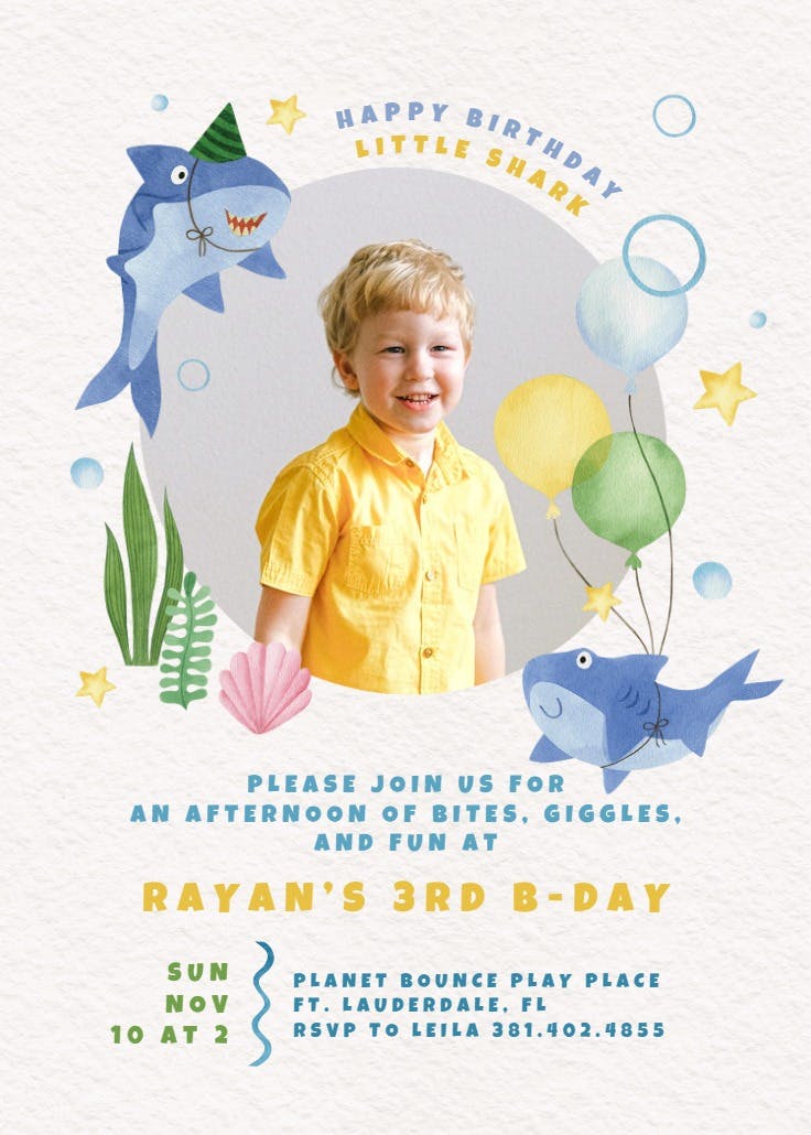 Watercolor shark photo - party invitation