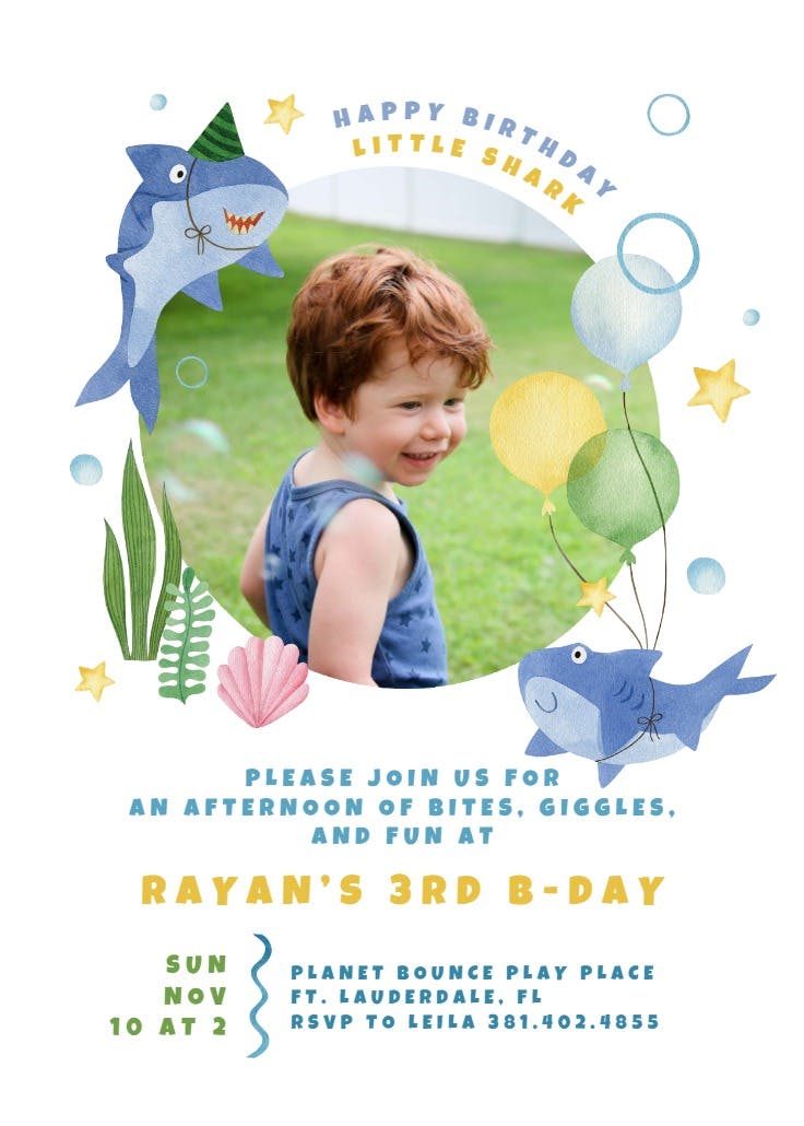 Watercolor shark photo - party invitation