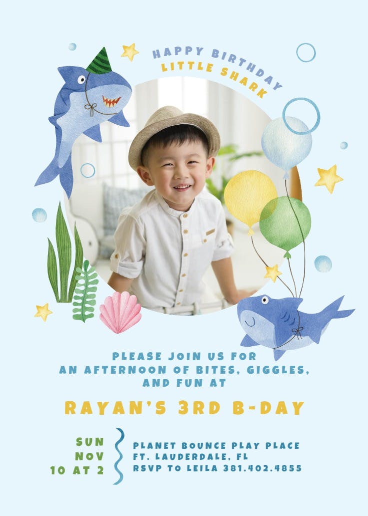 Watercolor shark photo - party invitation