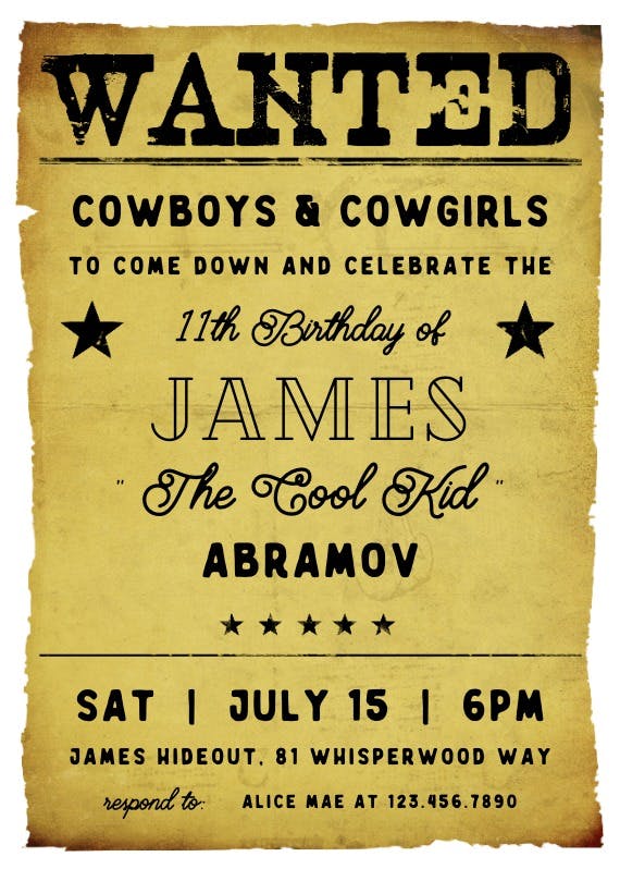 Western birthday party -  invitación para fiesta