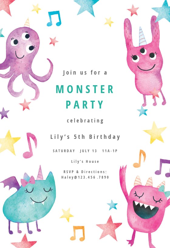 Whimsical monsters -  invitación de cumpleaños