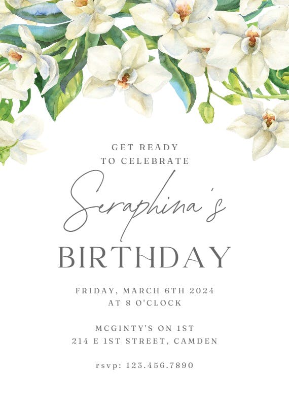 White orchids kraft - birthday invitation