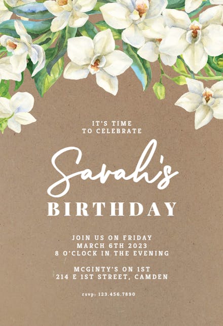 White Orchids Kraft - Birthday Invitation