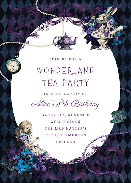 Alice in Onederland Wonderland Girl's 1st First Birthday Mad Hatter's Tea  Party Invitation Set