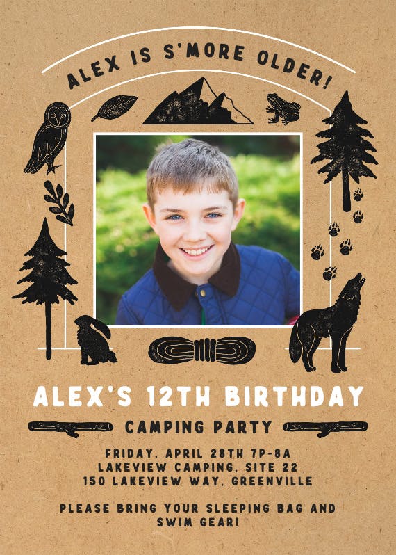 Woodcuts camping photo - invitación de fiesta de cumpleaños con foto