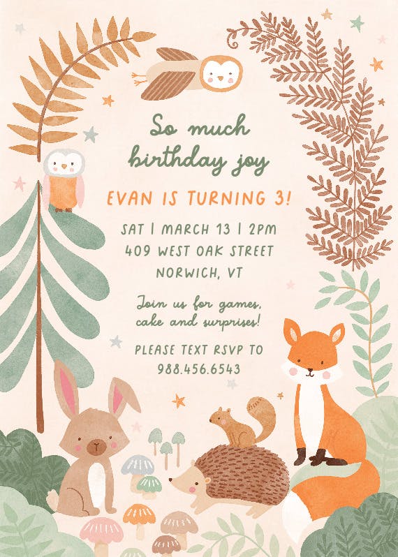 Woodland animals -  invitación de cumpleaños