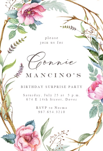 Woodland flower wreath - birthday invitation