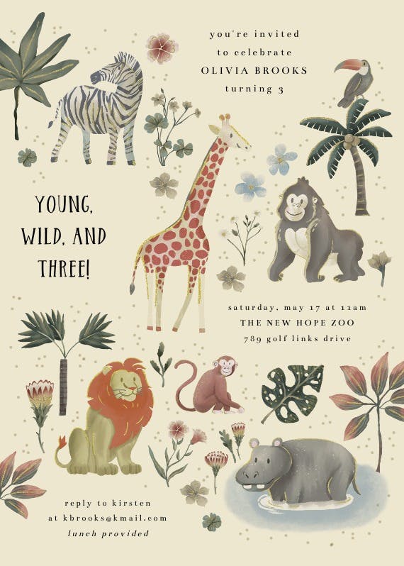 Young, wild and three - printable party invitation