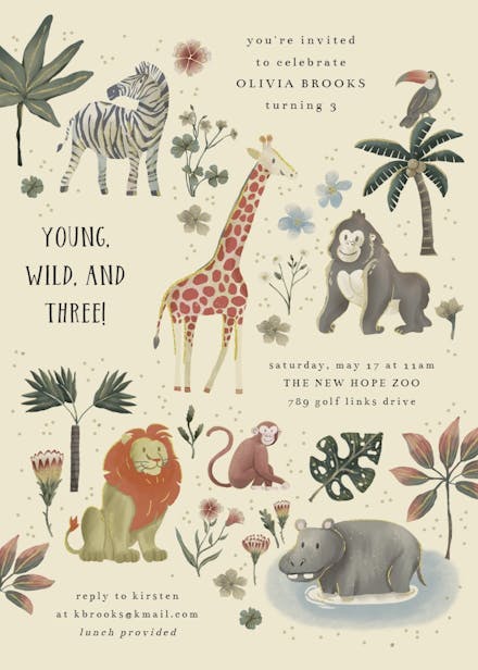 Young, wild and three - birthday invitation