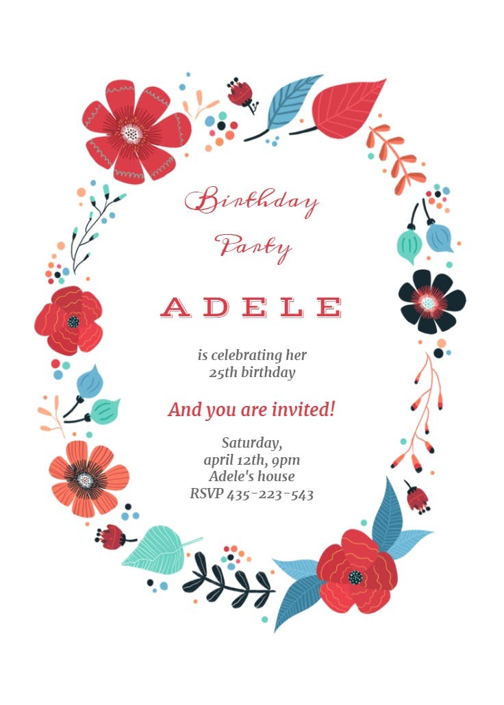 Blooming wreath - invitación de cumpleaños