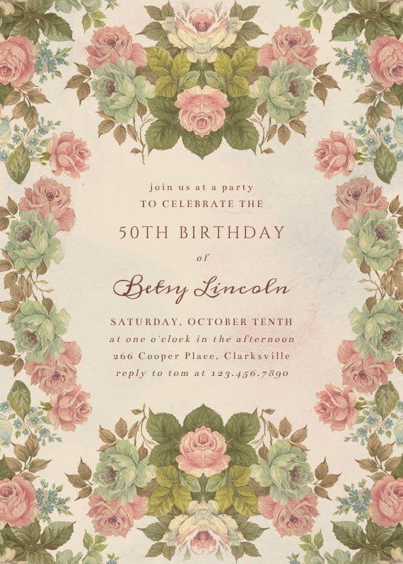 Cabbage roses retro -  invitación de cumpleaños