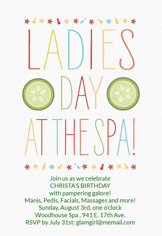 Ladies Day At The Spa - Birthday Invitation Template (Free) | Greetings ...