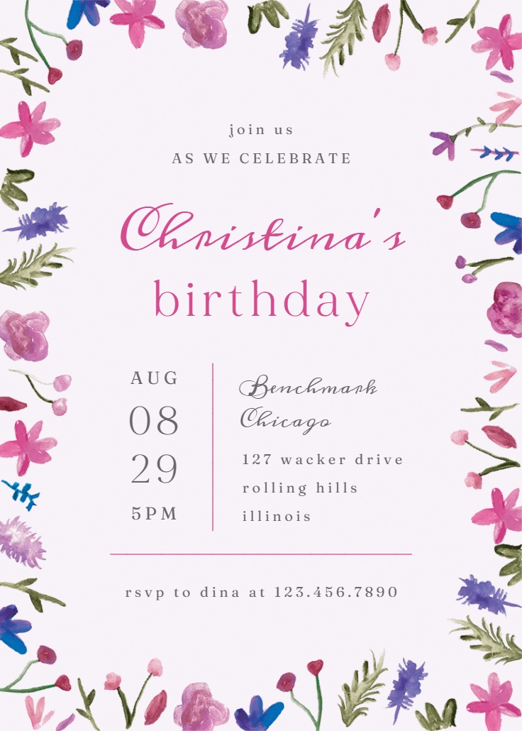 Watercolor Flowers - Birthday Invitation Template (Free) | Greetings Island