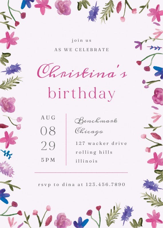 Watercolor flowers - birthday invitation