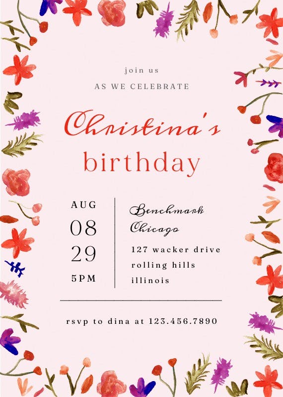 Watercolor flowers -  invitación de cumpleaños
