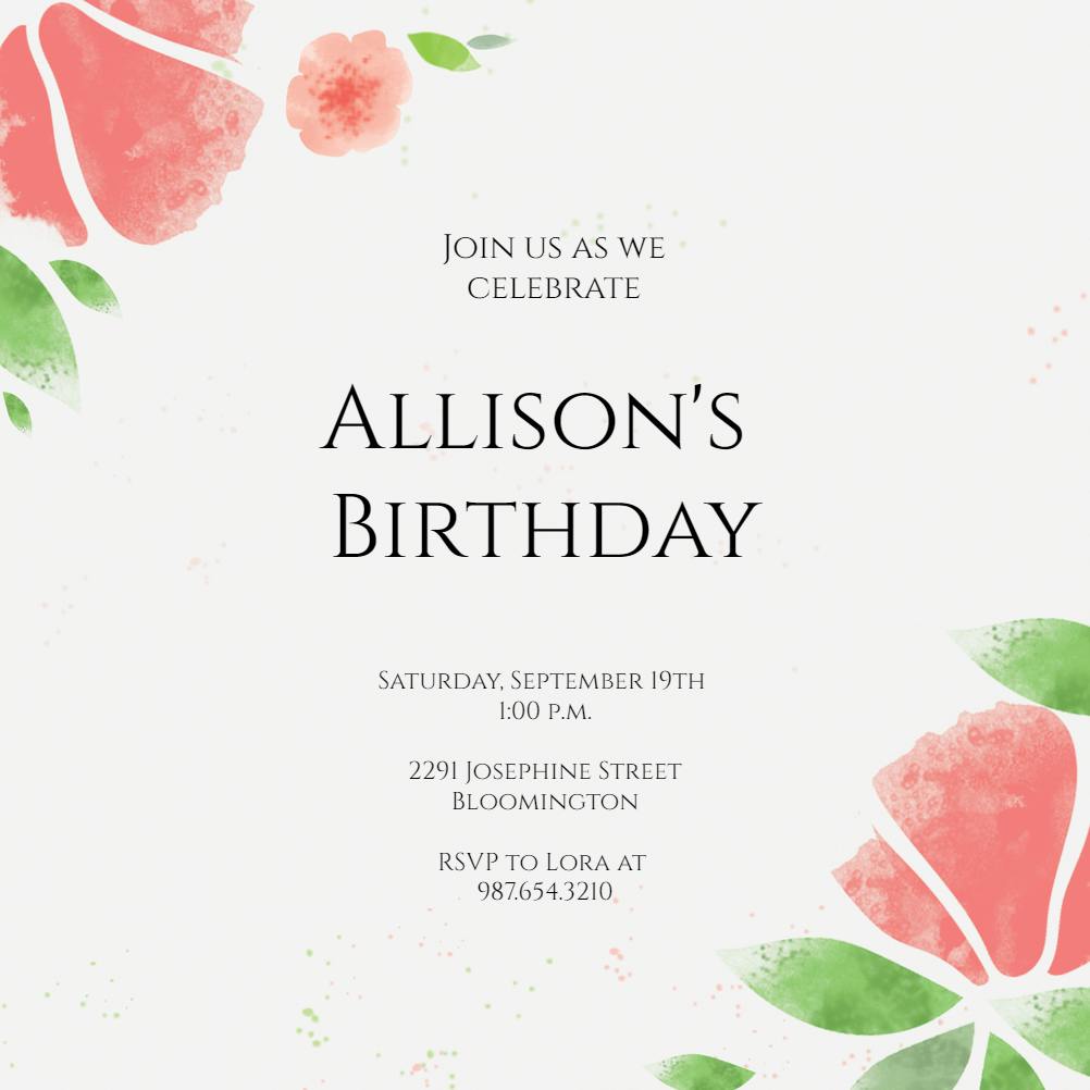 Watercolor petals -  invitación de cumpleaños
