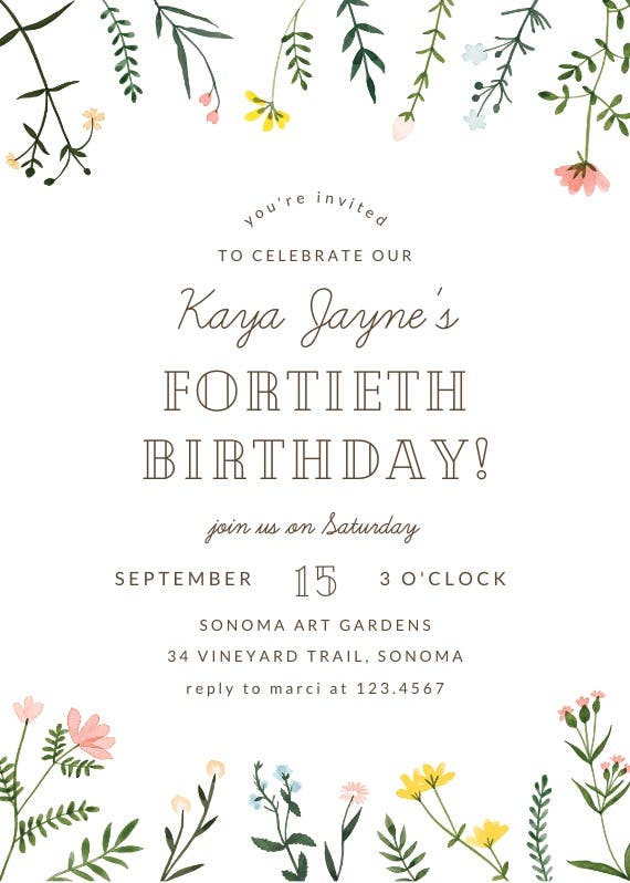 Wildflower watercolor border - birthday invitation