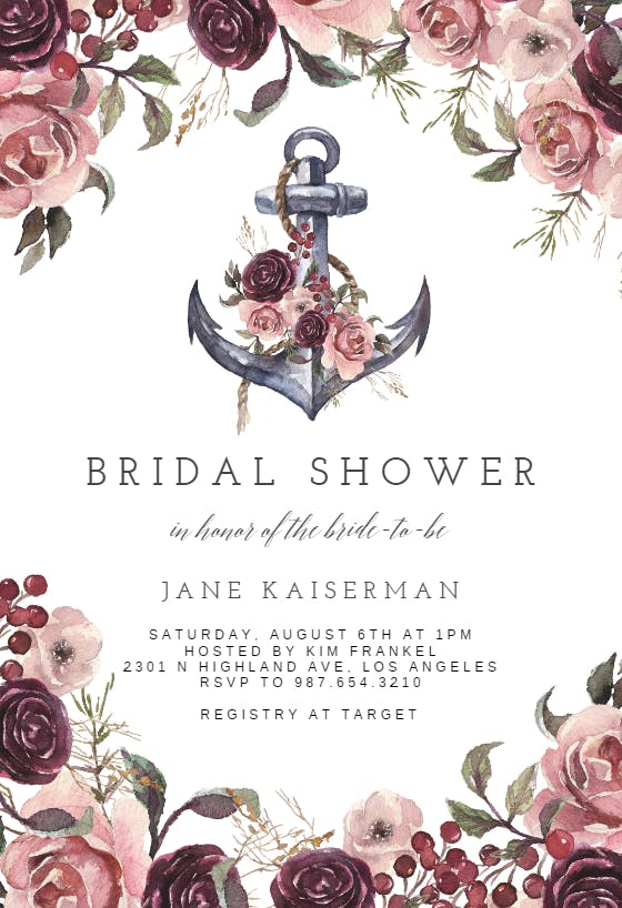 Anchor and floral frame - bridal shower invitation