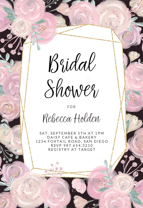 Black pink flowers  frame - bridal shower invitation