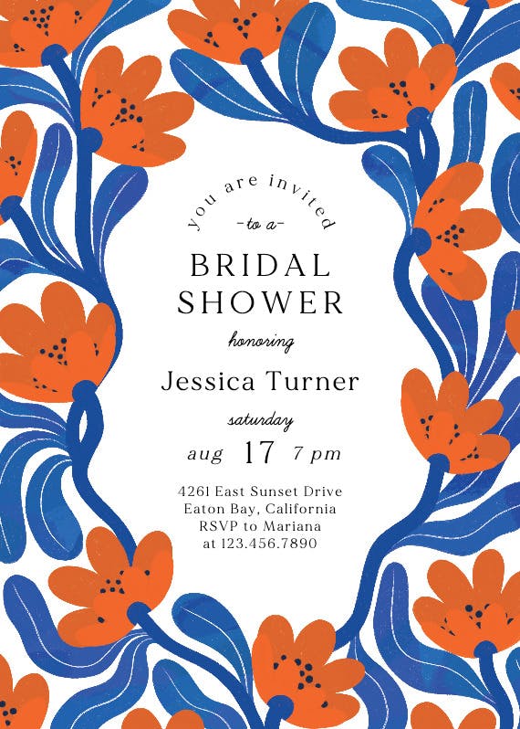 Blue and orange frame - bridal shower invitation