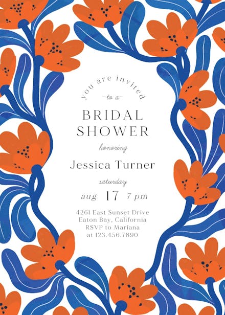 Blue and orange frame - bridal shower invitation