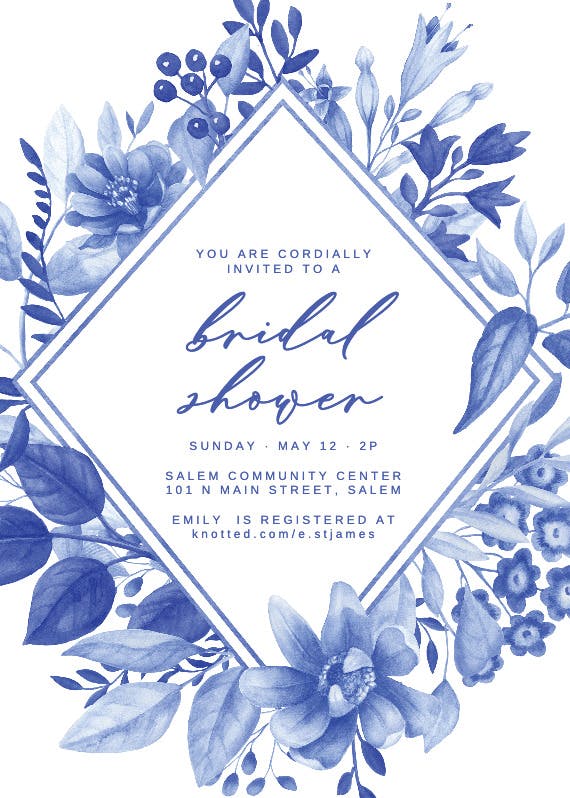 Blue floral romb - bridal shower invitation
