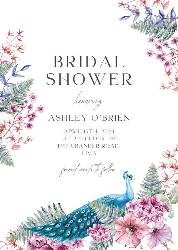 Blue peacock - bridal shower invitation
