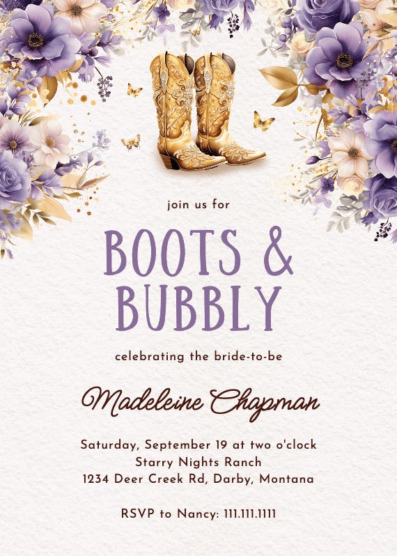Boots and bubbly -  invitación para bridal shower