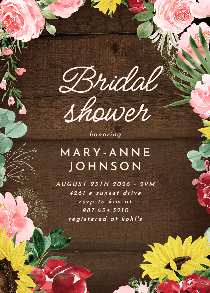 Burgundy sunflower - bridal shower invitation