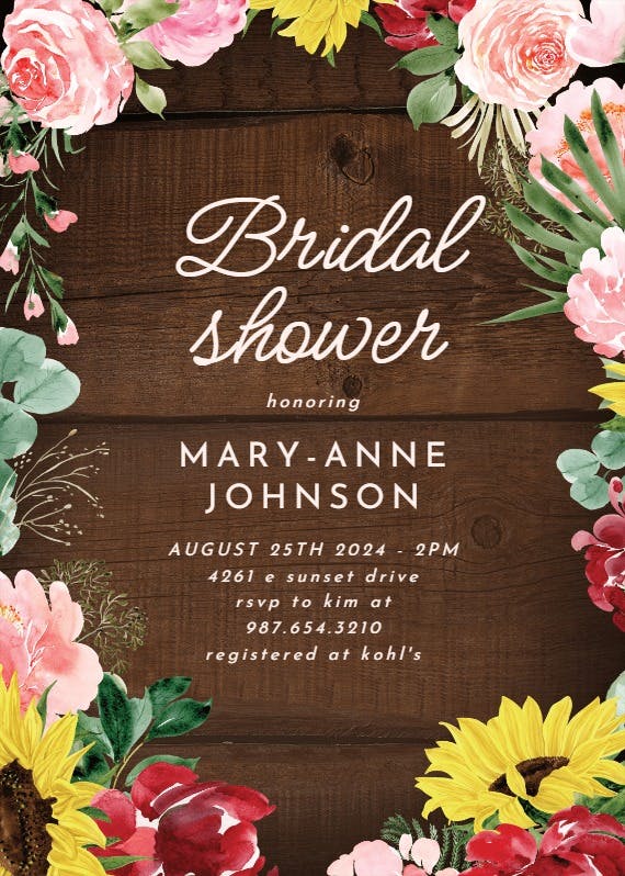 Burgundy sunflower - bridal shower invitation