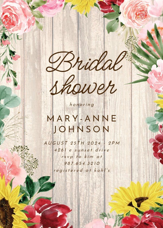 Burgundy sunflower - bridal shower invitation