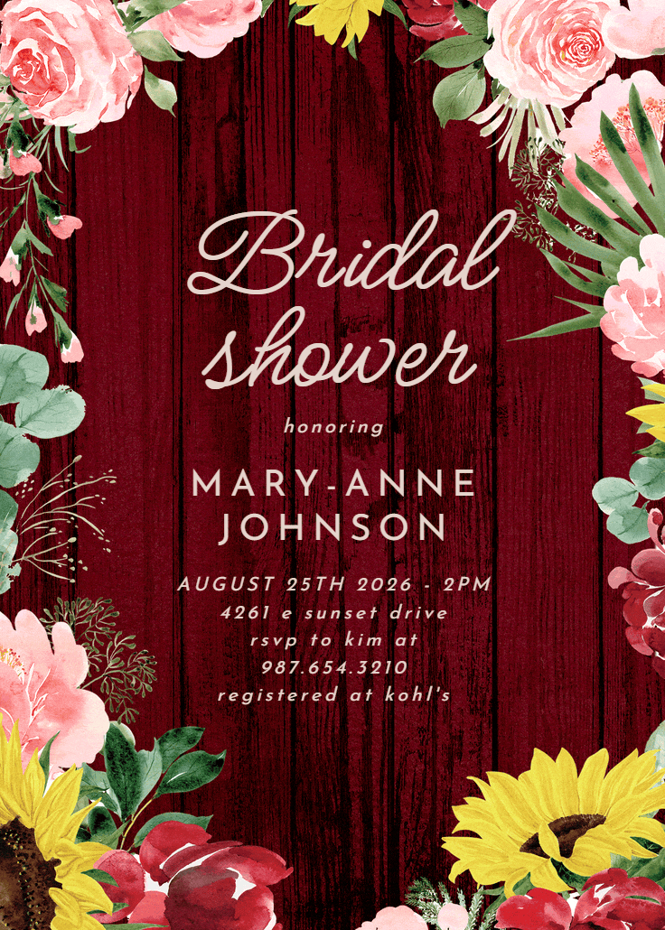 Burgundy sunflower - bridal shower invitation