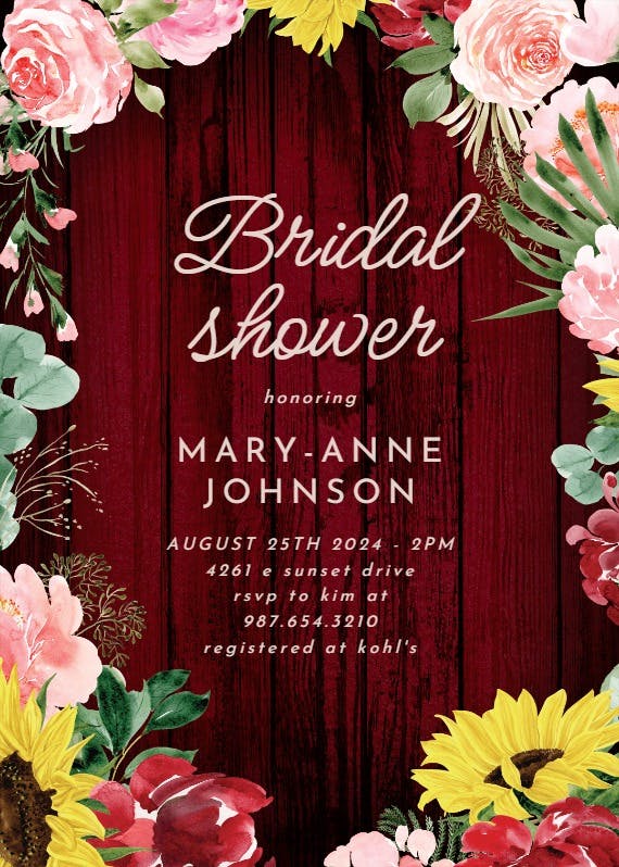 Burgundy sunflower - invitación para bridal shower