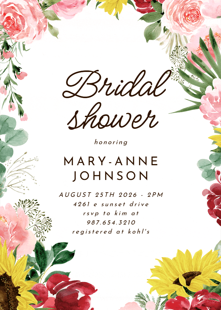 Burgundy sunflower - bridal shower invitation